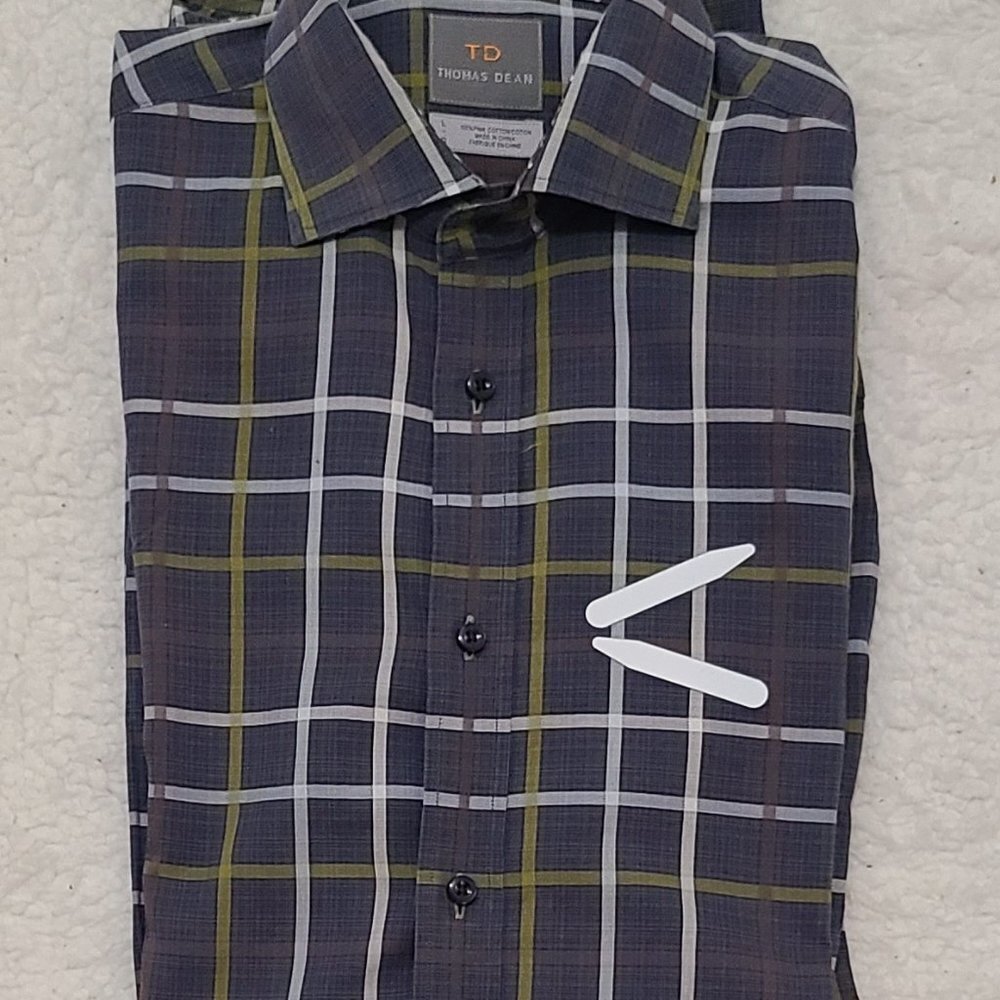Thomas Dean Pima Cotton Long Sleeve Flip Cuffs Windowpane Shirt EUC